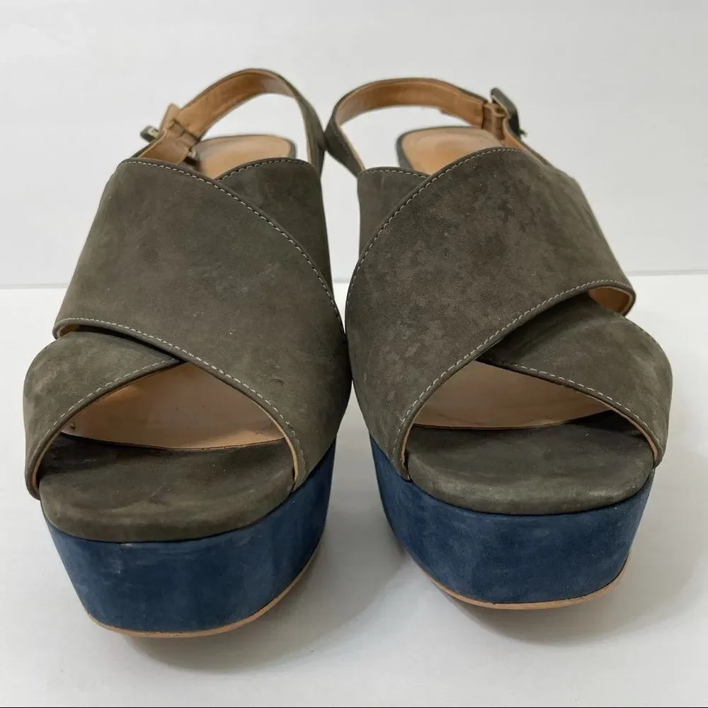 Klub Nico Gray Tan Navy Suede Chunky Heeled Platform Sandals